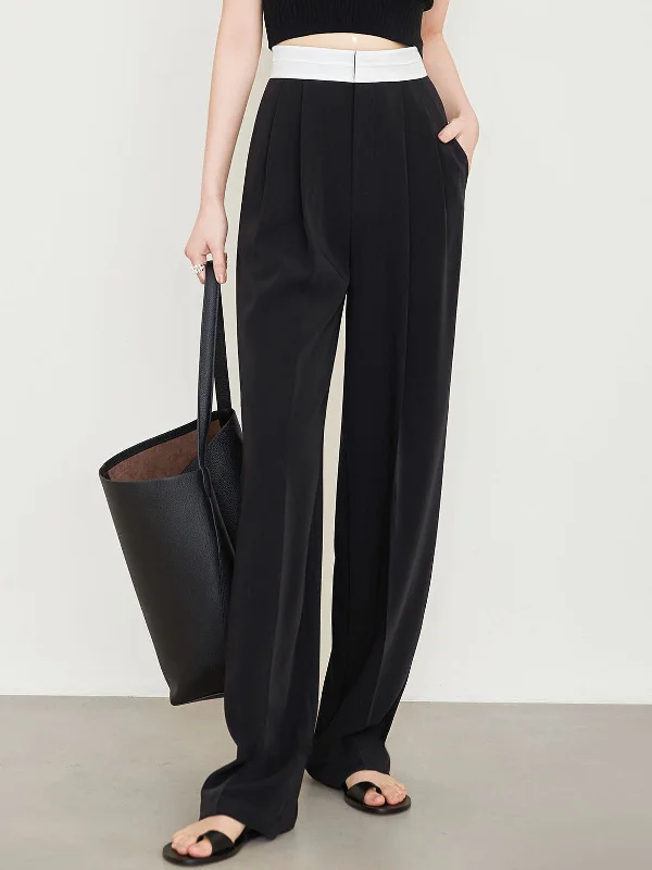 BerryBetty - Contrast Waistband Pleated Full Length Wide Leg Pants