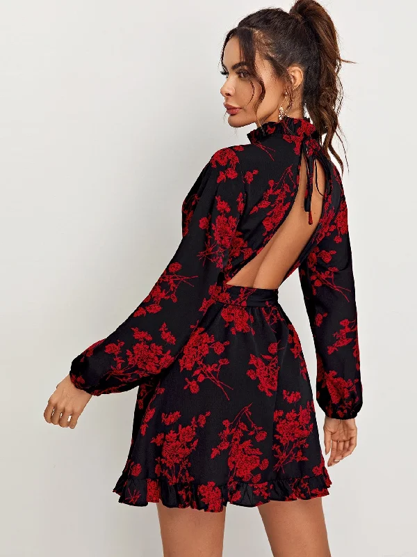 Floral Tie Back Long Sleeve Stand Collar Flounce High Waist Short Dress garde