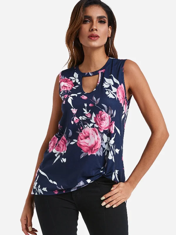 Custom Crew Neck Floral Print Cut Out Navy Tank Top Refined Women's Classic 