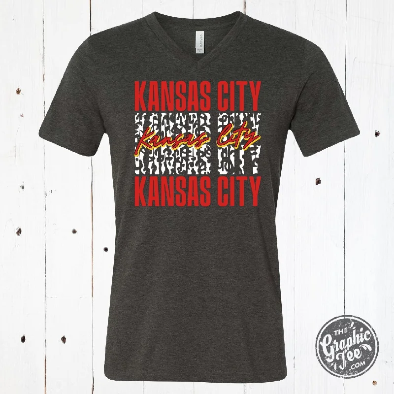 Kansas City Stacked With Leopard Dark Grey Heather V Neck Short Sleeve Tee garde