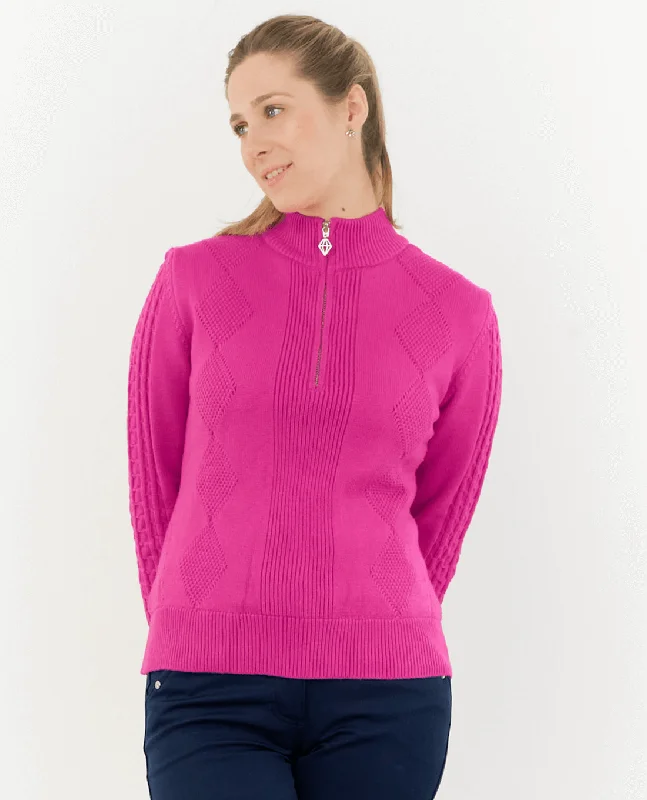 SIZE S - PURE GOLF Sorrell Cable Knit Lined Quarter Zip Jumper 501 Pink Topaz Vacation SIZE S - PURE GOLF Sorrell Cable Knit Lined Quarter Zip Jumper 501 Pink Topaz Vacation