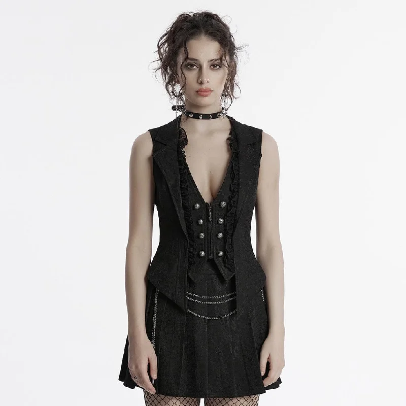 Women's Gothic Ruffled Lace Splice Lapel Vest Black