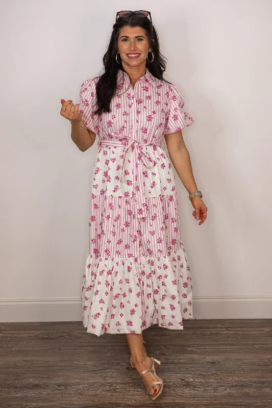Striped Florals Pink Midi Dress Adventure