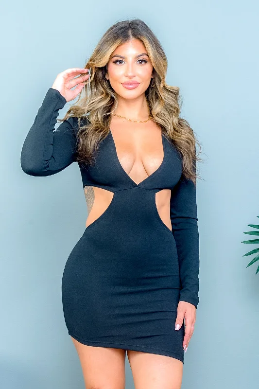 Long Sleeve Plunge Mini Dress with Side Cut Outs (3462) Bohemian Women's Free