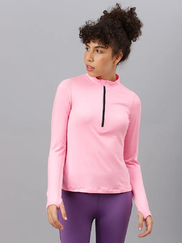 Fitkin women's neon pink high neck front zipper full sleeves t-shirt Hip Women's Retro