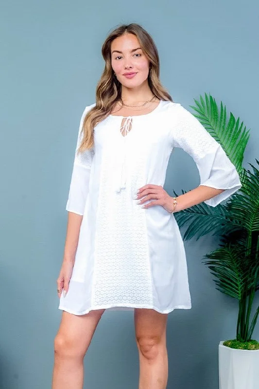 ‘Retro Chic’ 3/4 Bell Sleeve Mini Dress with Round Neckline and Drawstring Keyhole Detail in White (MB1073) Laid - back Women's Style ‘Retro Chic’ 3/4 Bell Sleeve Mini Dress with Round Neckline and Drawstring Keyhole Detail in White (MB1073) Laid - back Women's Style