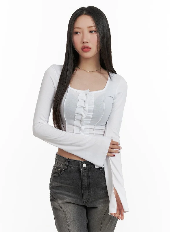 Buttoned Square Neck Crop Top CA415 Hip Women's Retro