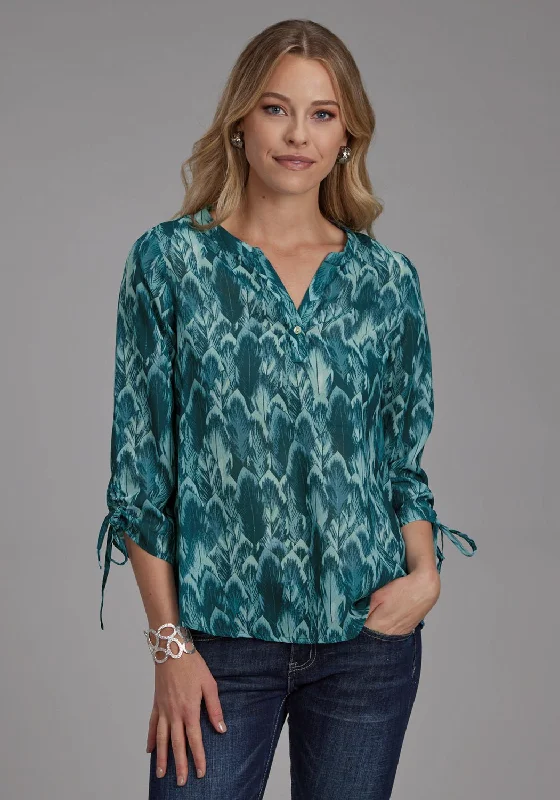 Roper Womens Feather Georgette Teal 100% Polyester 3/4 Sleeve S/S Blouse Refined Women's Hand - crafted