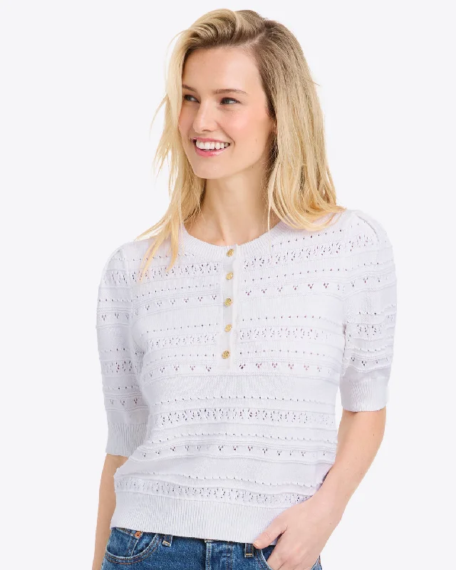 Annabelle Short-Sleeve Sweater in White Pointelle