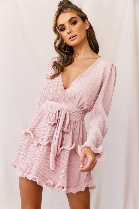 Greta Tiered Ruffle Chiffon Dress Blush Classic Women's Pin - striped