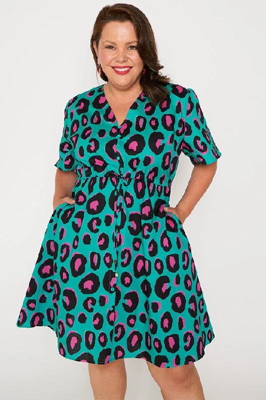 Siena Cotton Minty Leopard Dress Relaxed Women's Beachy