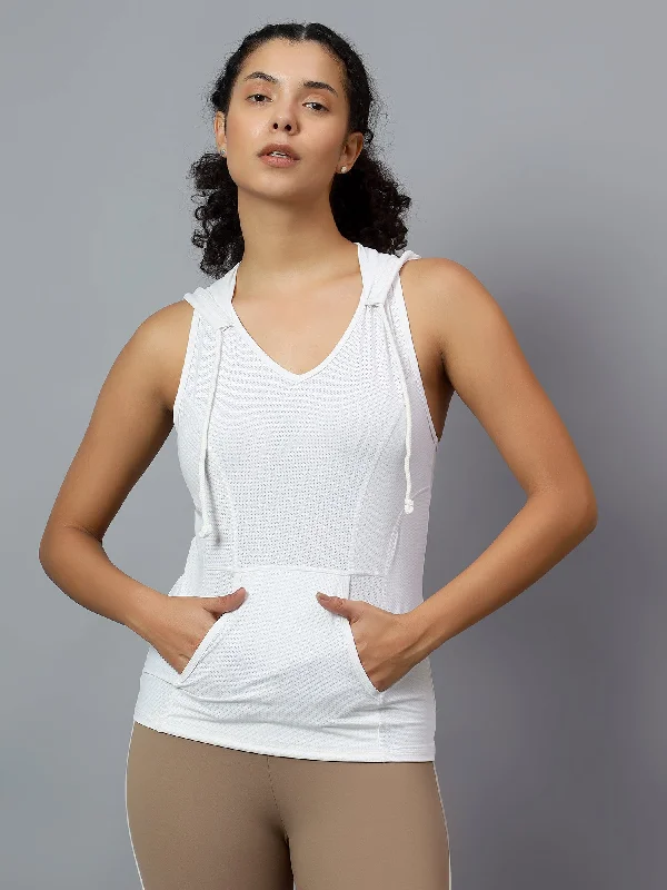 Fitkin Women's White Self Design Sleeveless Hooded Tank Top Modern Women's Tech