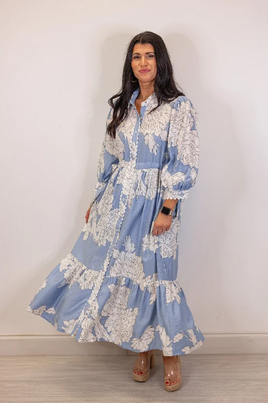 Charmed Petals Blue Midi Dress Sporty Women's Athleisure 