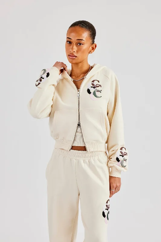 Cropped Washed Layered Applique Zip Hoodie - Off White