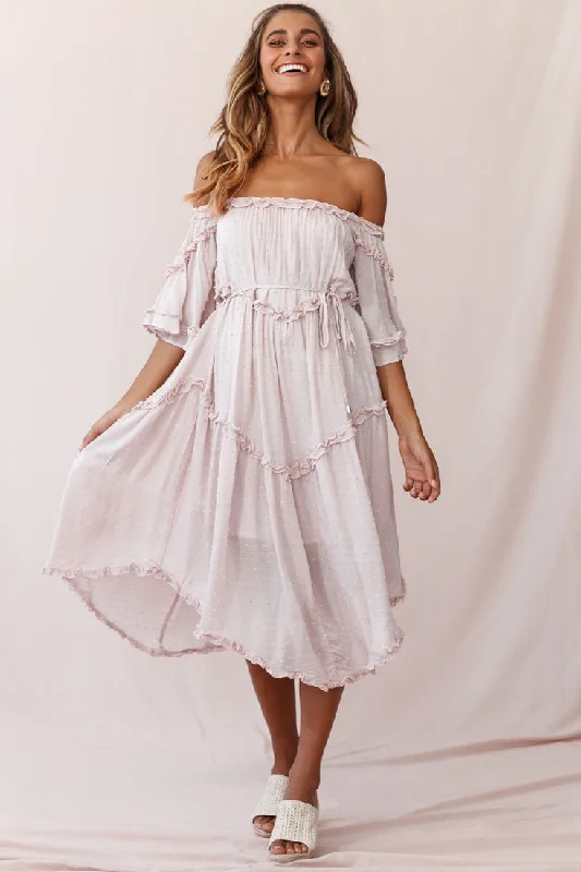 Renoir Off-Shoulder Frill Trim Midi Dress Mauve Cool Women's Skate