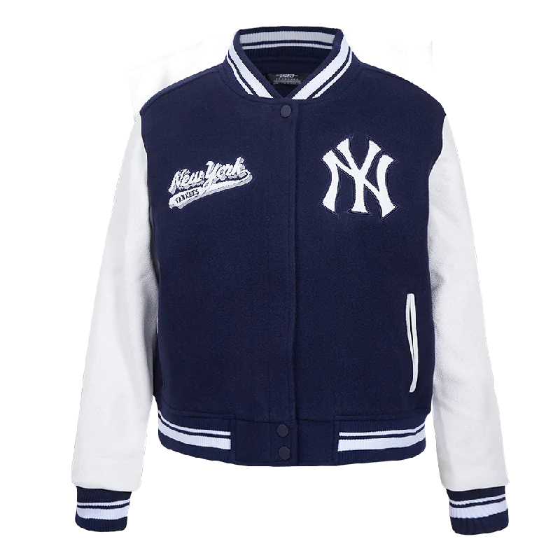 MLB NEW YORK YANKEES SCRIPT TAIL WOMEN'S WOOL VARSITY JACKET (MIDNIGHT NAVY/WHITE) Disco MLB NEW YORK YANKEES SCRIPT TAIL WOMEN'S WOOL VARSITY JACKET (MIDNIGHT NAVY/WHITE) Disco