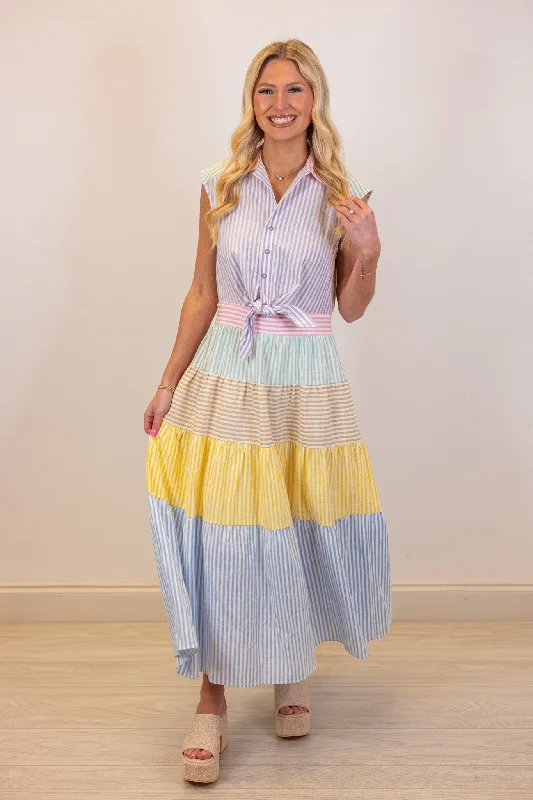 Pastel Stripes Midi Dress Dynamic Women's Moto
