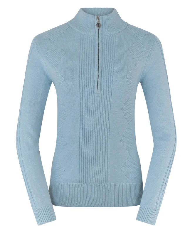SIZE XXL - PURE GOLF Sorrell Cable Knit Lined Quarter Zip Jumper 501 Powder Blue Confident Women's Power SIZE XXL - PURE GOLF Sorrell Cable Knit Lined Quarter Zip Jumper 501 Powder Blue Confident Women's Power