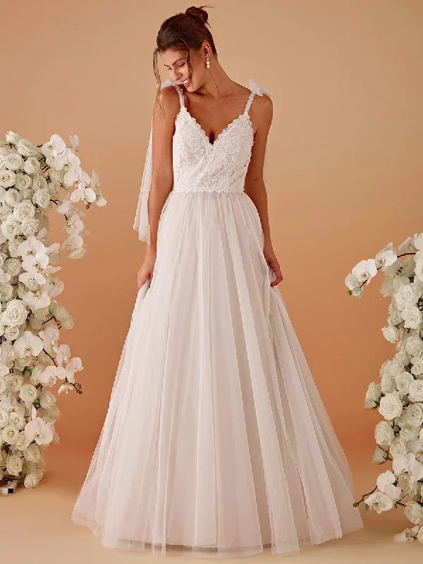 Romantic Lace and Tulle Tie-Shoulder Wedding Dress Bold Women's Statement