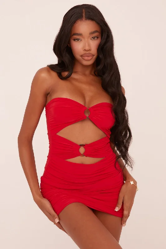 Red Ring Detail Bandeau Ruched Bodycon Mini Dress - Tefta Scandinavian