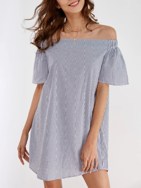 Wholesale Navy Off The Shoulder Short Sleeve Stripe Mini Dresses Vacation