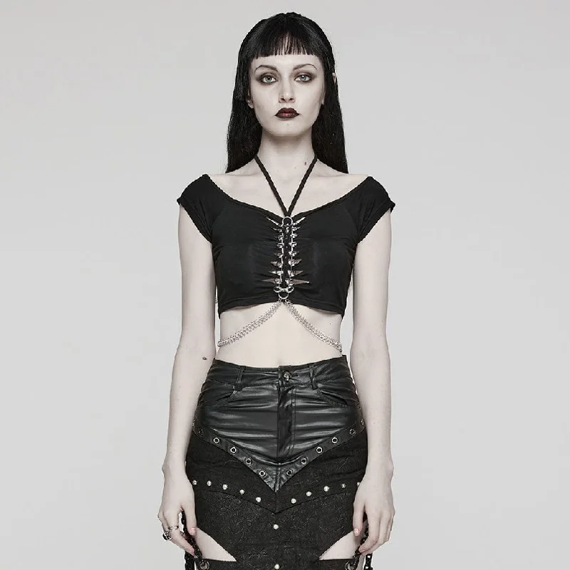 Women's Punk Cutout Ring Chain Short Sleeved Crop Top Modern Women's 