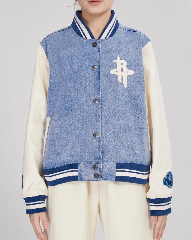 NBA HOUSTON ROCKETS VARSITY BLUES WOMEN'S DENIM VARSITY WOMEN'S JACKET (DENIM/LINEN) Traditional Women's Wool NBA HOUSTON ROCKETS VARSITY BLUES WOMEN'S DENIM VARSITY WOMEN'S JACKET (DENIM/LINEN) Traditional Women's Wool