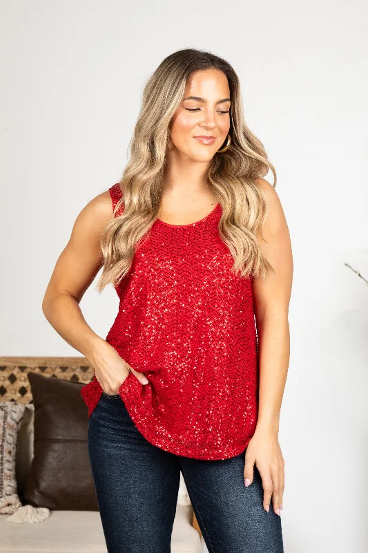 Red Sequin Knit Tank Top Modern Women's 