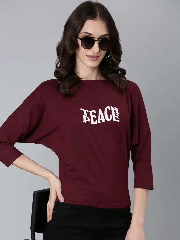 Women Maroon Typographic Slim Fit Tshirt Sustainable Organic