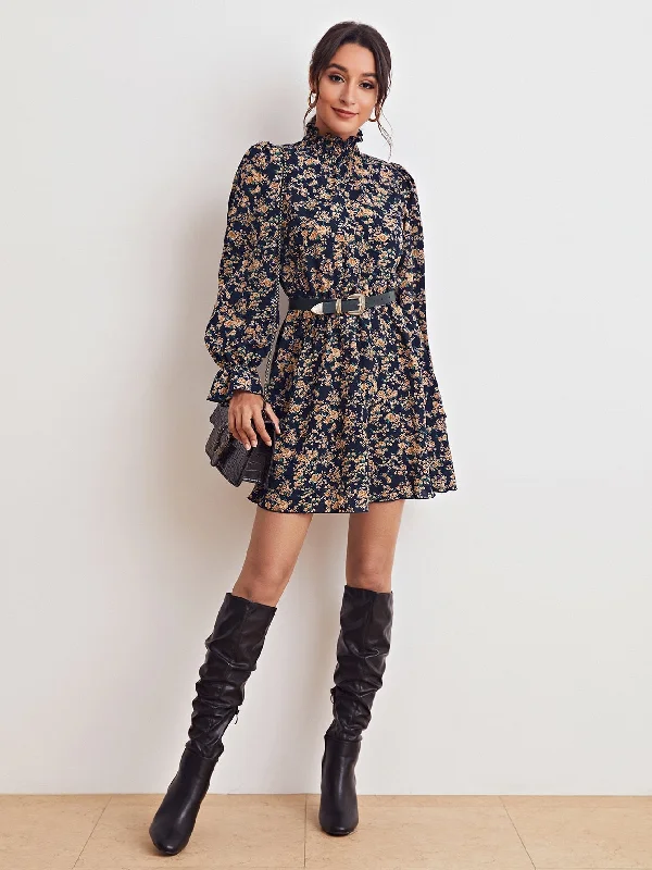 Ditsy Floral Shirred Long Sleeve High Neck Flared High Waist Short Dress Dapper Women's 1920S Ditsy Floral Shirred Long Sleeve High Neck Flared High Waist Short Dress Dapper Women's 1920S