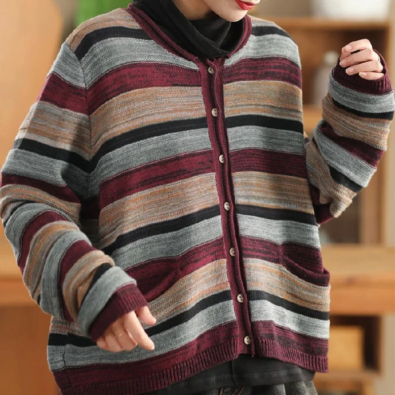 Babakud Women Winter Retro Colorful Striped Single-Breasted Patchwork Sweater Traditional Women's Babakud Women Winter Retro Colorful Striped Single-Breasted Patchwork Sweater Traditional Women's