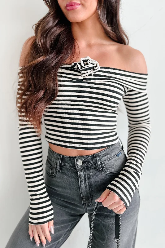 Lovestruck Fool Stripe Rosette Off The Shoulder Top (Black)