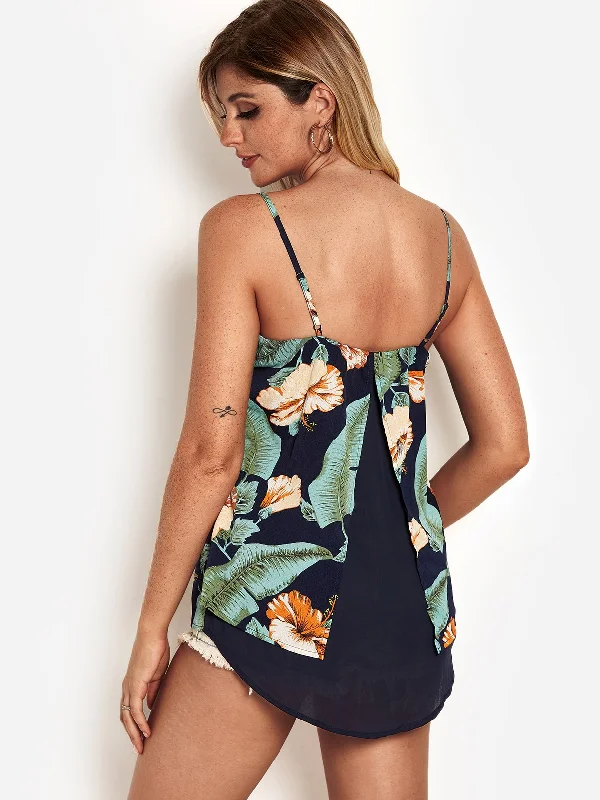 Custom V-Neck Floral Print Slit Sleeveless Navy Camis Monochromatic Office Style