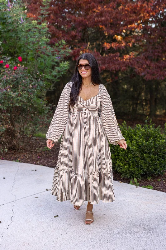 Autumn Stripes Brown Midi Dress Scandinavian