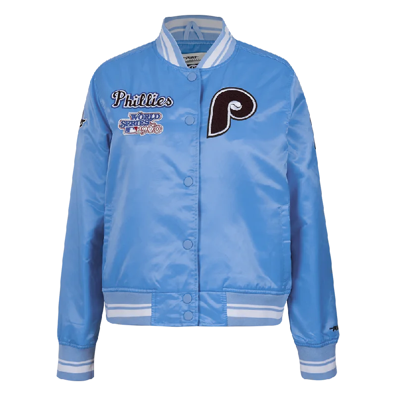 MLB PHILADELPHIA PHILLIES RETRO CLASSIC WOMEN'S RIB SATIN JACKET (UNIVERSITY BLUE) Confident Women's Power MLB PHILADELPHIA PHILLIES RETRO CLASSIC WOMEN'S RIB SATIN JACKET (UNIVERSITY BLUE) Confident Women's Power