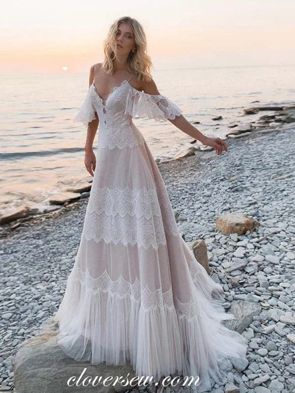 Unique Boho Lace Light Pink Off The Shoulder A-line Beach Wedding Dresses, CW0348 Youthful Women's Anime - inspired Unique Boho Lace Light Pink Off The Shoulder A-line Beach Wedding Dresses, CW0348 Youthful Women's Anime - inspired