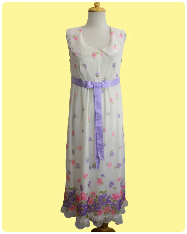 Vintage 1960s/70s White Chiffon with Lilac and Pink Floral Print Maxi Dress, Med Cozy Women's Winter