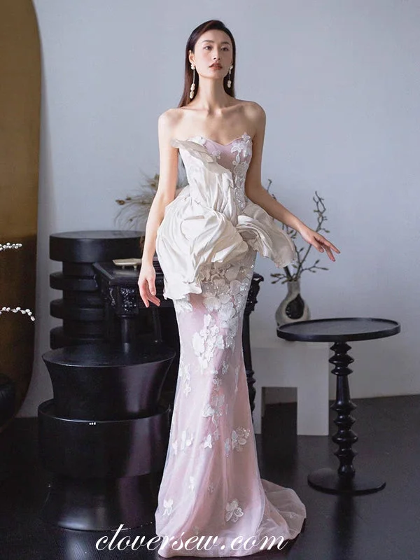 Light Pink Tulle Petal Lace Mermaid Sweetheart Strapless Wedding Dresses, CW0375