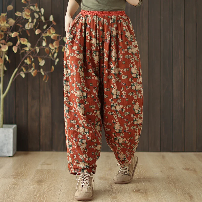Babakud Women Winter Printed Floral Cotton Linen Cotton-Padded Pants French