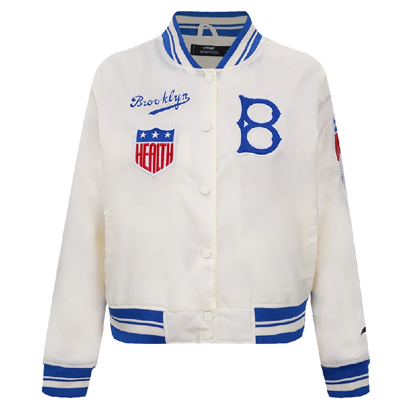 MLB BROOKLYN DODGERS RETRO CLASSIC WOMEN'S RIB SATIN JACKET (EGGSHELL/ ROYAL BLUE)