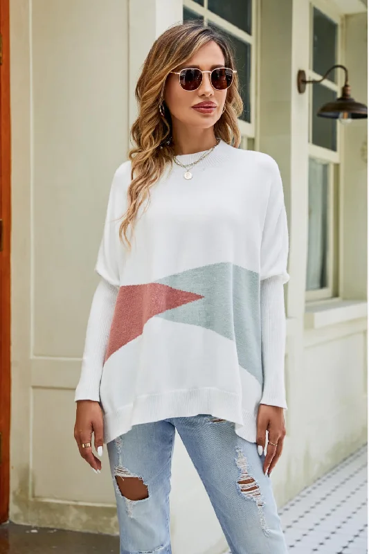 Color Block Round Neck Side Slit Sweater Sophisticated Women's 