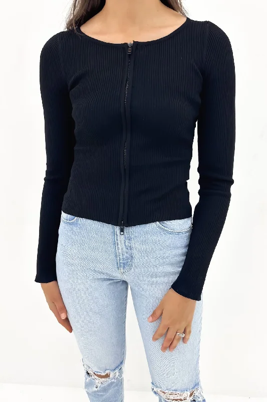Dilon Ribbed Long Sleeve Top Black Edgy Women's Punk