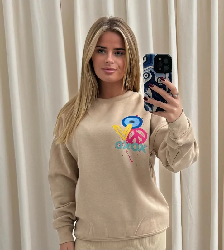 XOXO Graffiti Sweatshirt Beige Relaxed Women's 