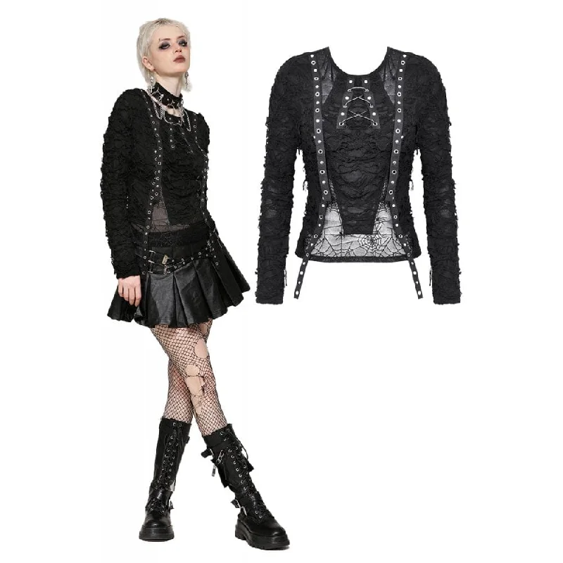 Women's Punk Mesh Eyelets Long Sleeved Blouse Sleek Women's Metallic