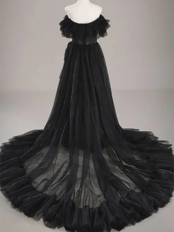 High Low Black Wedding Dress Cheap A line Tulle Casual Women's Loose - fitting