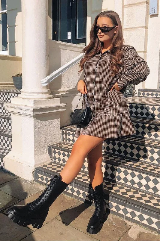 Camel Gingham Frill Hem Mini Shirt Dress - Iyla Cozy Women's Sherpa - lined
