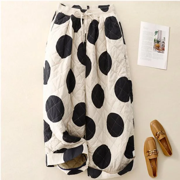 Women Winter Quilted Polka Dot Wide-Leg Cotton Casual Pants