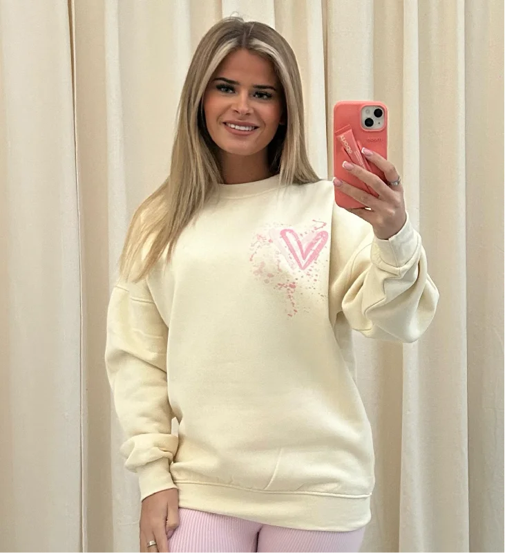 Pink Heart Graffiti Sweatshirt Cream Laid - back Women's Style