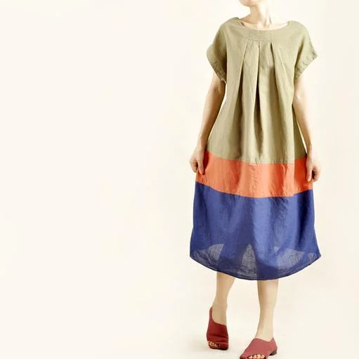 Fresh color patch maxi dress linen cotton oversize sundress