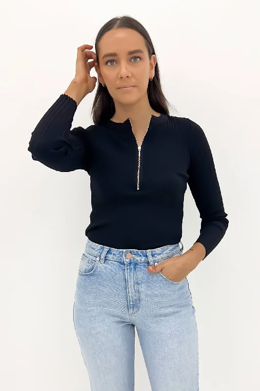 Tori Ribbed Long Sleeve Top Black Sleek Women's Metallic
